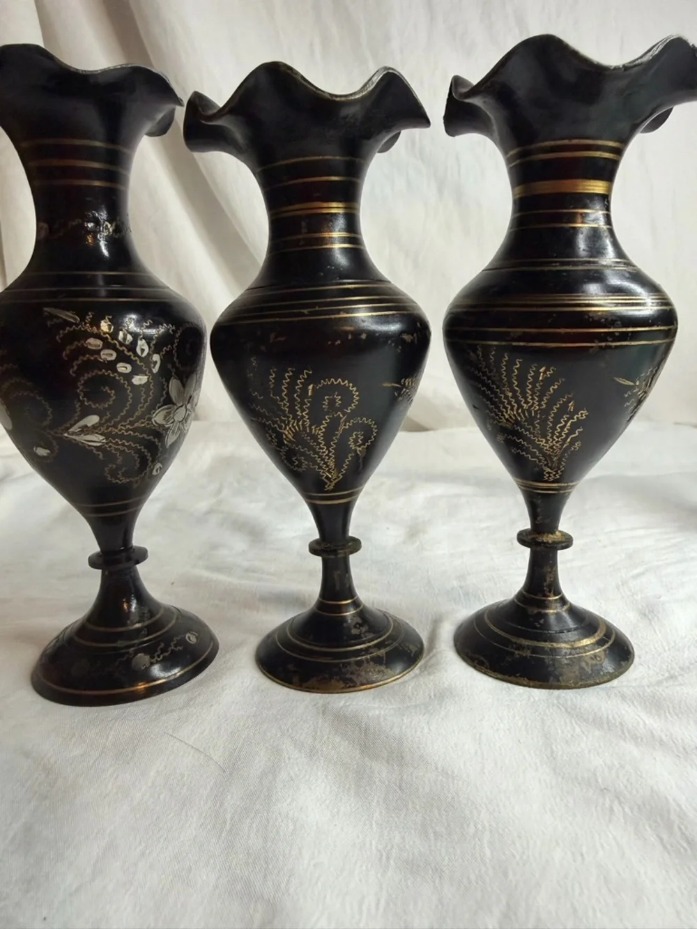 Vintage Hand-Etched Brass Bud Vases - Set of 3